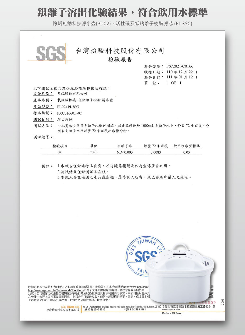 濾芯銀離子溶出化驗結果符合飲水標準