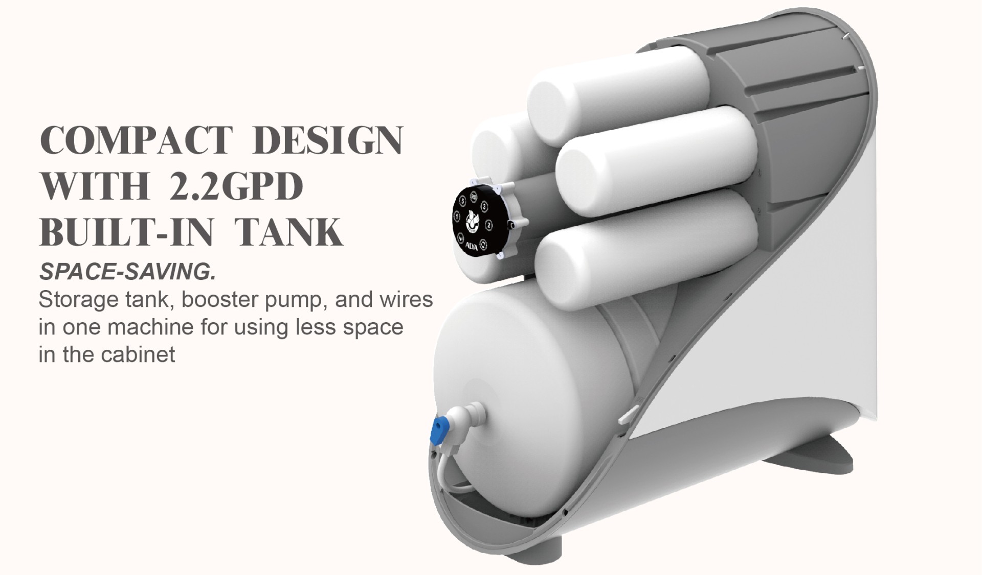 COMPACT DESIGN WITH 2.2GPD BUILT-IN TANK